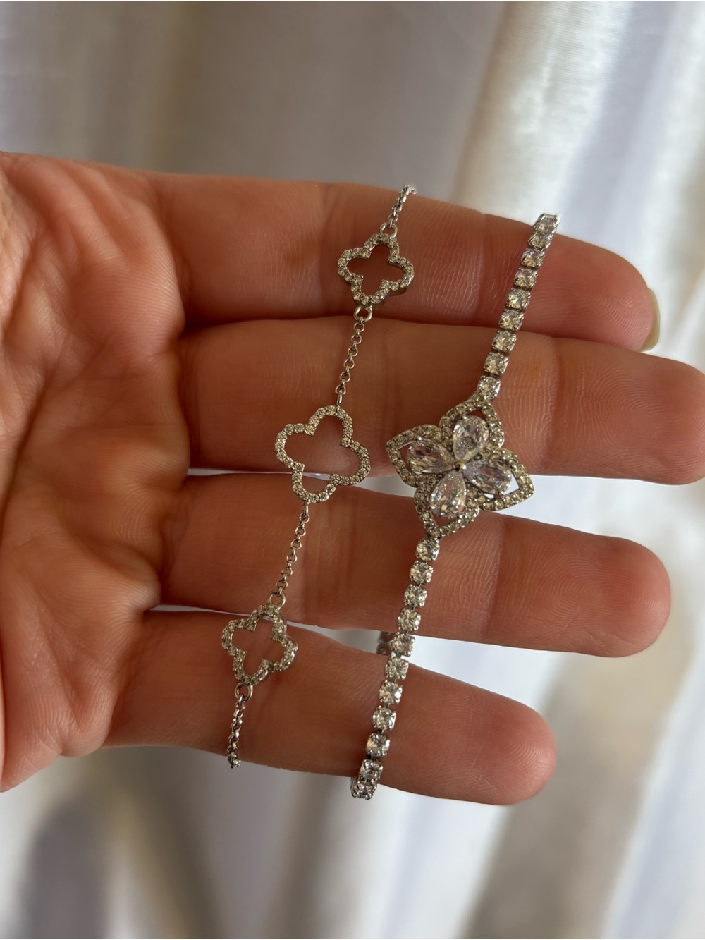 Silver Crystal Flower & Clover Bracelet Set - Women Jewelry